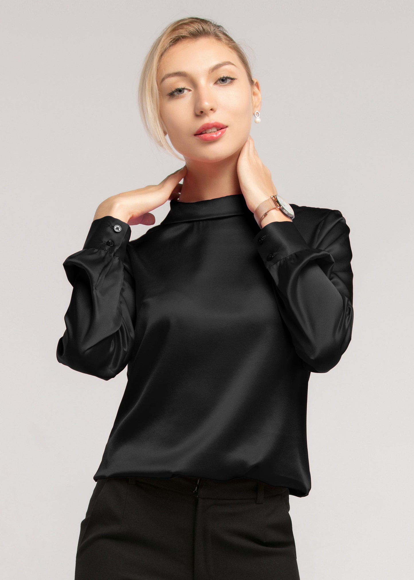 Stand Collar Long Sleeves  Silk Blouse