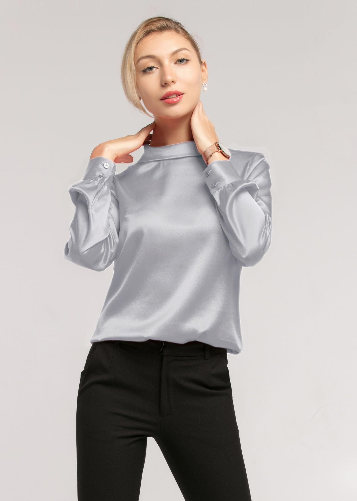 Stand Collar Long Sleeves  Silk Blouse